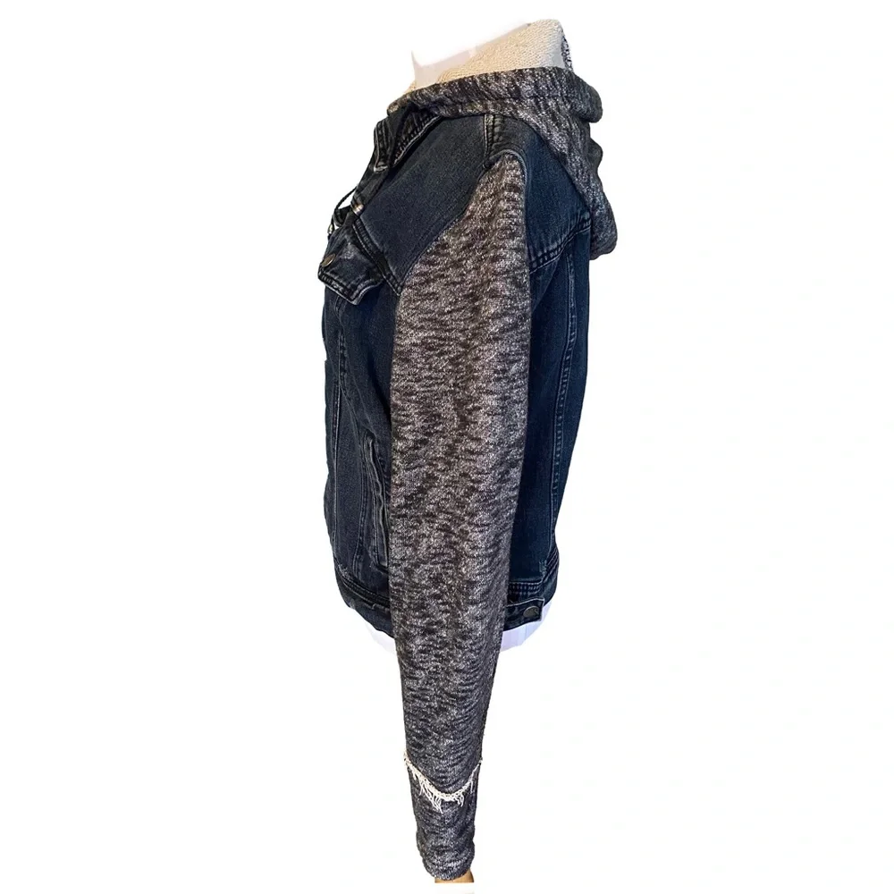 FP Throwback Distressed Denim Jacket Removable Hood Indie Grunge Black Large - Picture 6 of 9